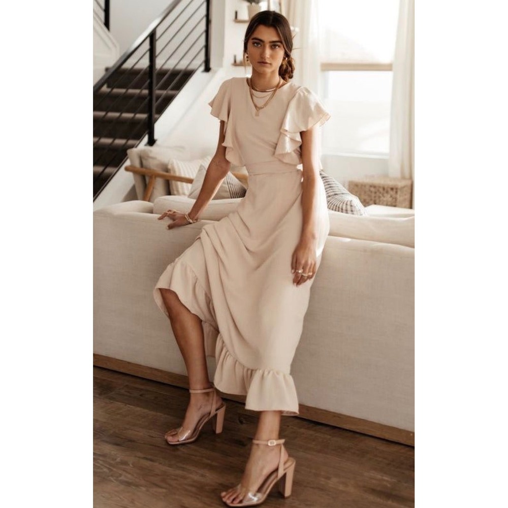 Bohme Janet Ruffle Sleeve Nude Neutral Maxi Dress XL